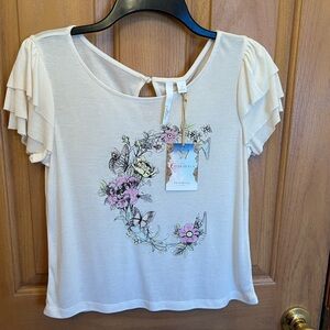 Disney Cream Floral Tee with Ruffle Sleeves